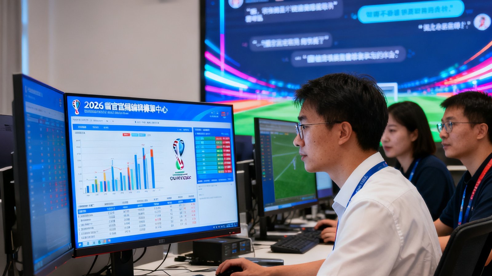 2026世界杯官网编辑团队在赛事中心分析比赛数据和球迷互动大屏